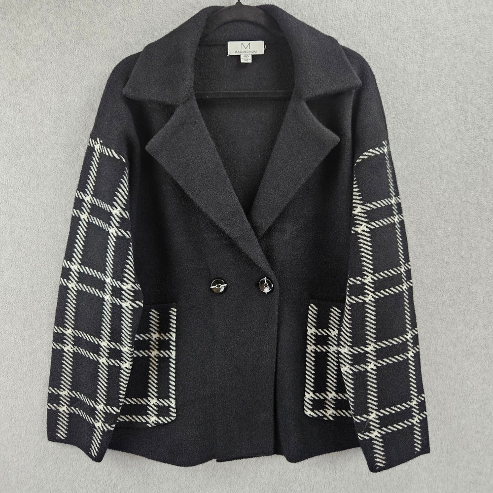 MAGASCHONI | Womens Black White Plaid Sleeve Knit Blazer Jacket Size M